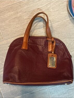 Valentina Burgundy Leather Dome Satchel with Tan Handles Made in Italy